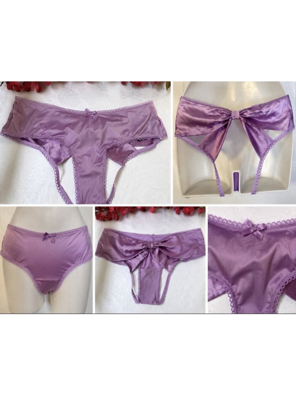 VICTORIA'S SECRET M SILKY PURPLE OPEN BOTTOM BOW VERY SEXY CHEEKY PANTIES NWT